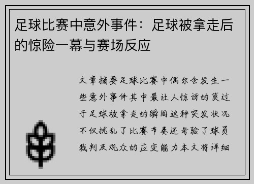 足球比赛中意外事件：足球被拿走后的惊险一幕与赛场反应