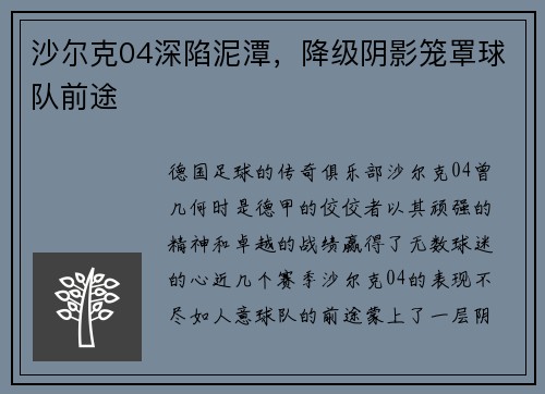 沙尔克04深陷泥潭，降级阴影笼罩球队前途